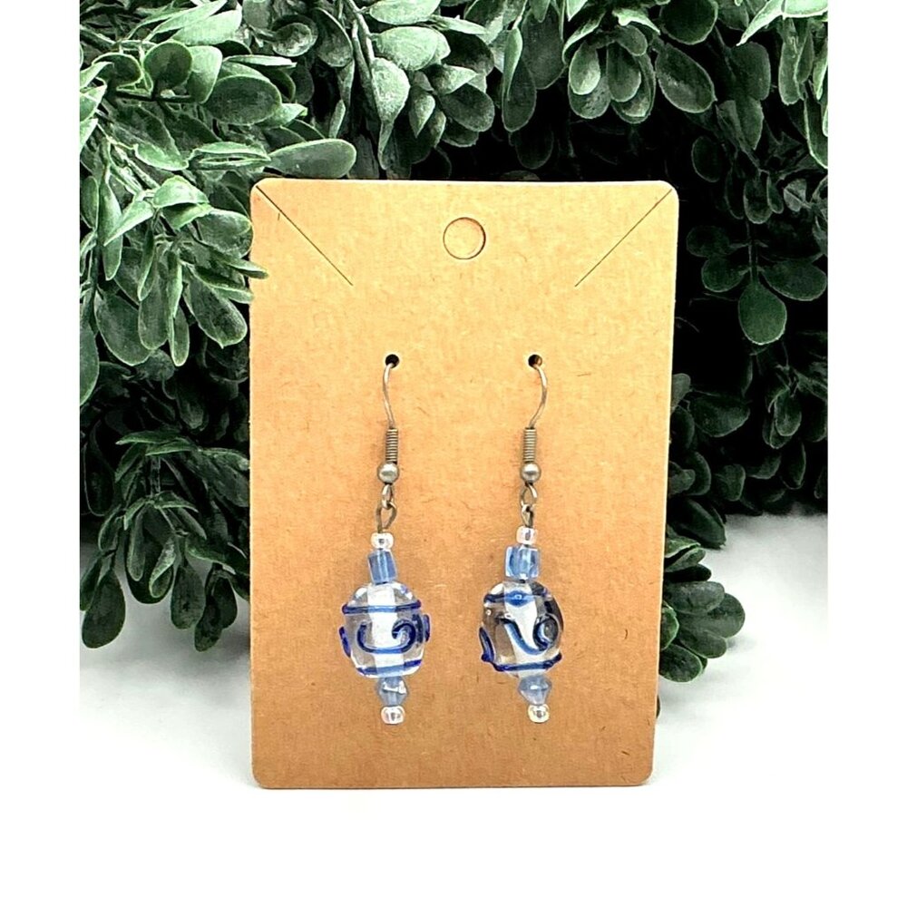 Blue & Clear Swirl Glass Bead Dangle Earrings With Silver Hooks